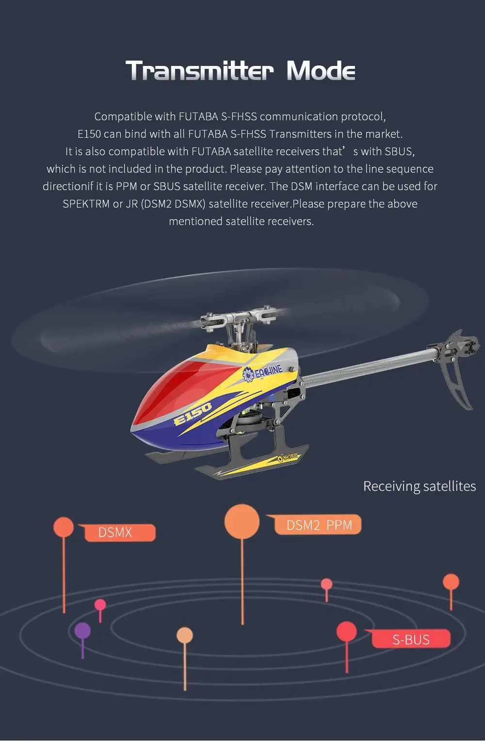 Eachine E150 RC Helicopter, E150 can bind with all FUTABA S-FHSS Transmitters in