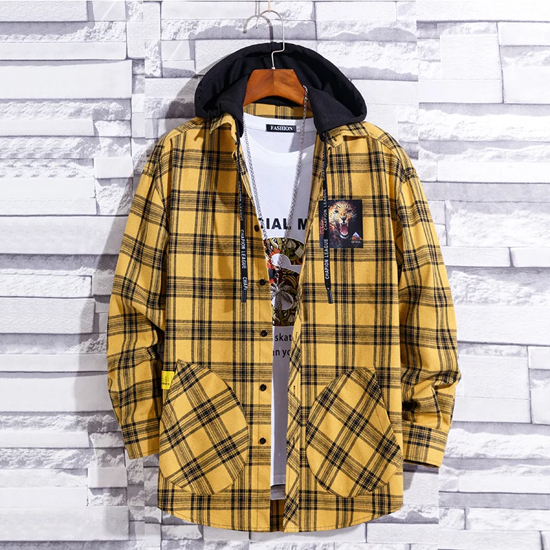 Port&Lotus Men Plaid Shirts With Hat Hoodie Striped Cotton Casual Long Sleeve Shirt Man Spring Autumn Soft Comfort Styles Brand - Цвет: Золотой