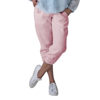 

Dihope White Women Cotton Pants Short Pants Capris Casual Loose Elastic Waist Female Plus Size Summer Calf-length Women Pants