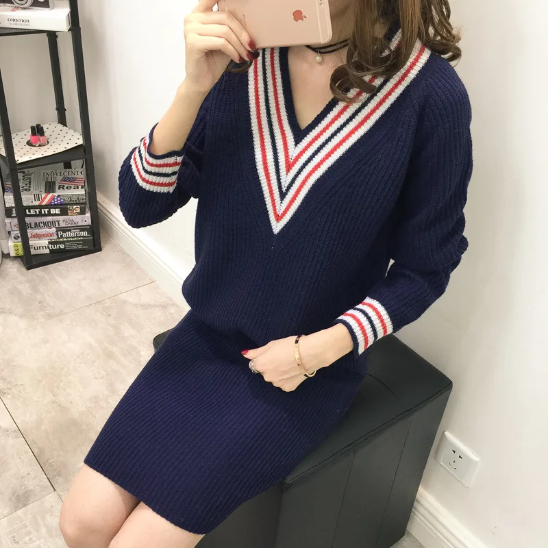 

2016 Autumn New Style WOMEN'S Dress Korean-style Mid-length Fashion Western Style Big V-neck Long-sleeved Dress