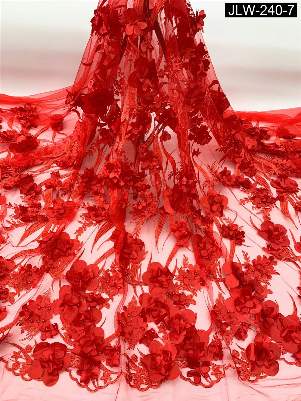 African French Tulle Lace Fabric 5 Yards High Quality 3d Lace Applique with Beaded Bridal Lace Fabric JLW-240