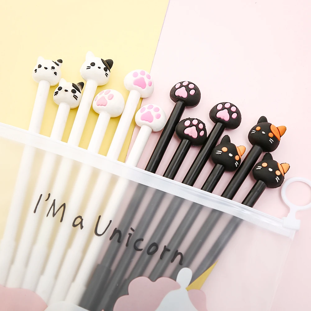 12Pcs/pack Cartoon Cute Cat Paw Gel Pens Kawaii Novelty Blue Ink Stationary Fancy Fun Cool Stationery Pencil Case Bag Thing Set