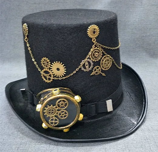 Черная стимпанк Ретро шляпа в стиле винтаж топ шляпа для мужчин и женщин готические шляпы с шестеренками Googles сплав цепь вечерние аксессуары