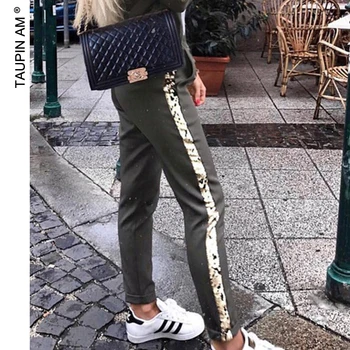 

TAUPIN AM Women Side Stitching Sequins Long Pants 2020 Elastic Mid Waist Fashion Trousers Streetwear Female Casual Pants