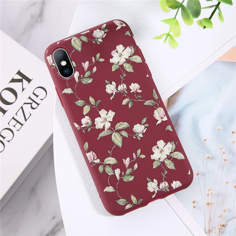 Чехол USLION для iPhone 7, 8, 6, 6S Plus, карамельный цвет, лист, цветок, чехол для телефона, для iPhone XR, Xs, Max, X, Цветочный, ТПУ, мягкий силиконовый чехол - Цвет: AC7626 Wine Red