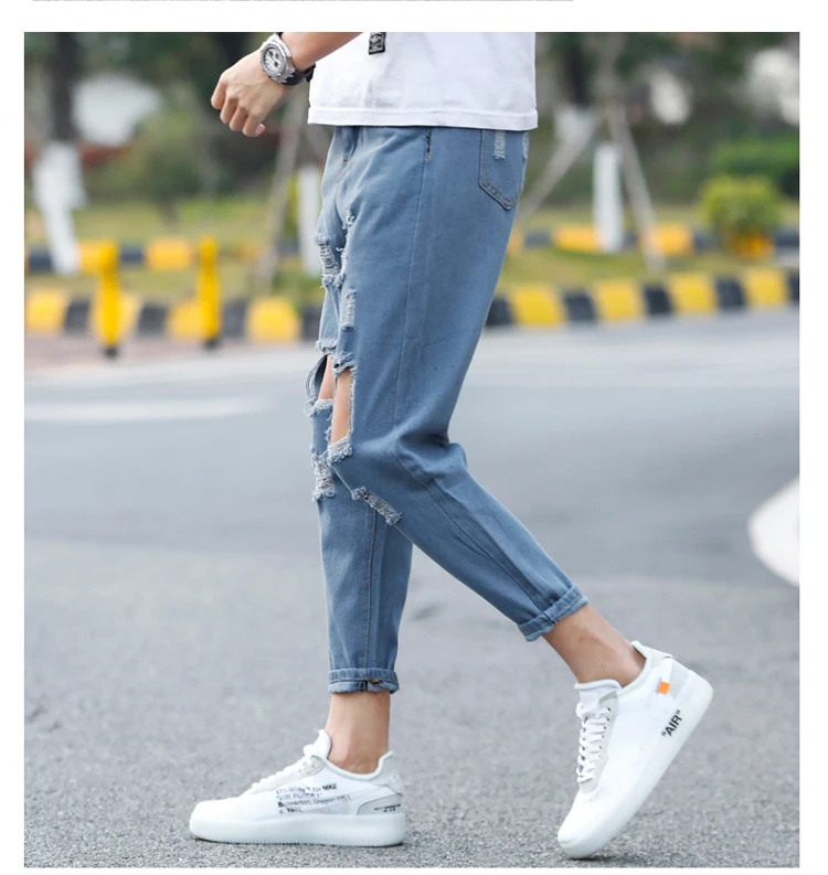 Summer Pop Big Hole Jeans Men Fashion Beggar Style Ankle Length Pants Men Loose Casual Slim Denim Cloth Pencil Pants