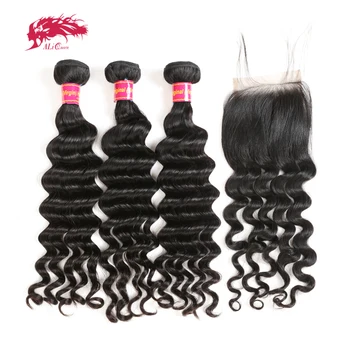 

Ali Queen 3/4pcs Hair Bundles With 4x4 Lace Frontal Closure Brazilian Human Unprocessed Raw One-Donor Virgin Natural Wave Double