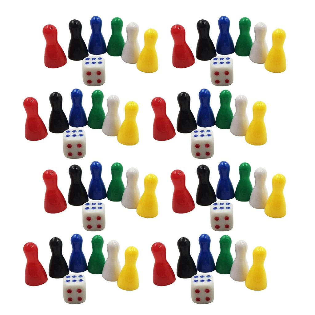 48 Pieces 1 Inch Multicolor Plastic Chess Pieces with 8 Dice for Board Games, Component, Tabletop Markers, Arts and Crafts