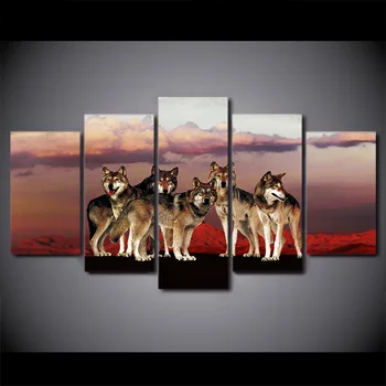 

5 Panel Canvas Painting Wolf Group In The Red Mountain Posters And Prints Modular Wall Picture Canvas Painting