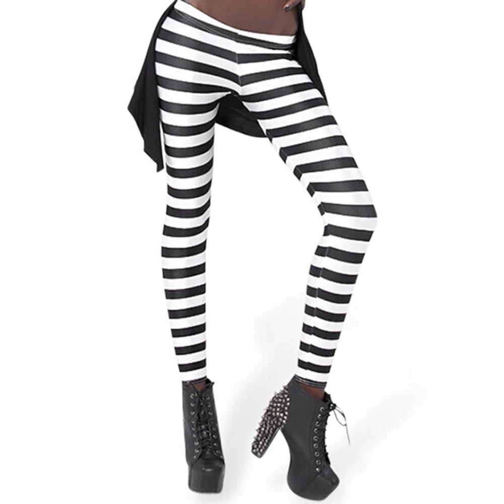 

Classic Black And White Striped Digital Starry Leggings Fashion Stretch Horizontal Stripes WOMEN'S Pants