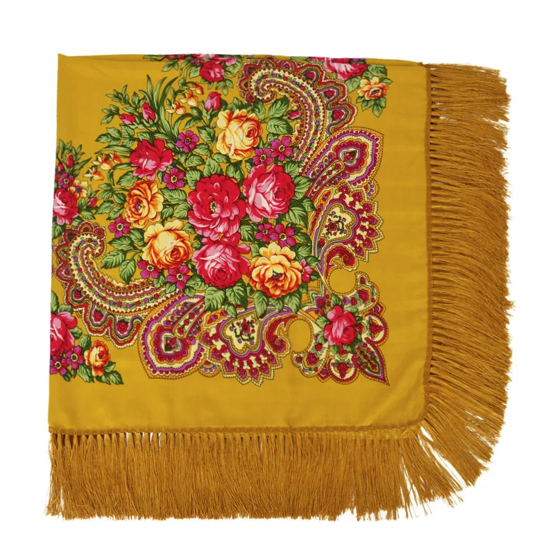Бабушка украинские шарфы для России, большой прямоугольный шарф с цветочным рисунком в стиле ретро хлопок волосы голова Обёрточная бумага хиджаб шарф с кисточками зимние хлопковые шаль - Цвет: Yellow