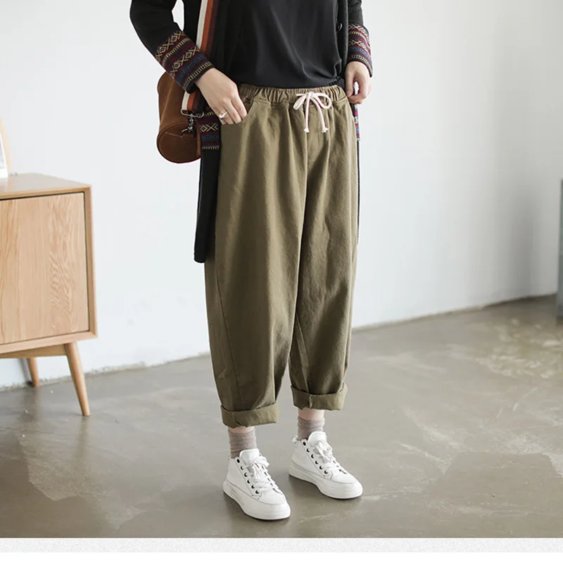 Runback Pantalones Mujer, свободные женские штаны, брюки с высокой талией, Хлопковые Штаны-шаровары, однотонная Повседневная Женская одежда размера плюс, черные штаны - Цвет: Армейский зеленый