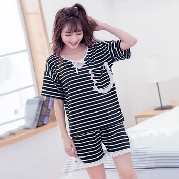 

Casual Striped Pajama Sets for Women 2020 Summer Korean Short Sleeve Sleepwear Shorts Pyjama Femme Homewear Pijama Mujer Clothes