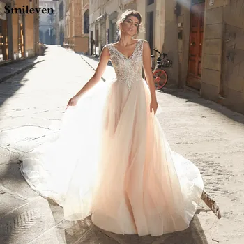 

Smileven Boho Wedding Dresses Lace A-Line Beach Wedding Gowns Appliques Tulle Buttons Princess Sexy Bride Dress Free Shipping