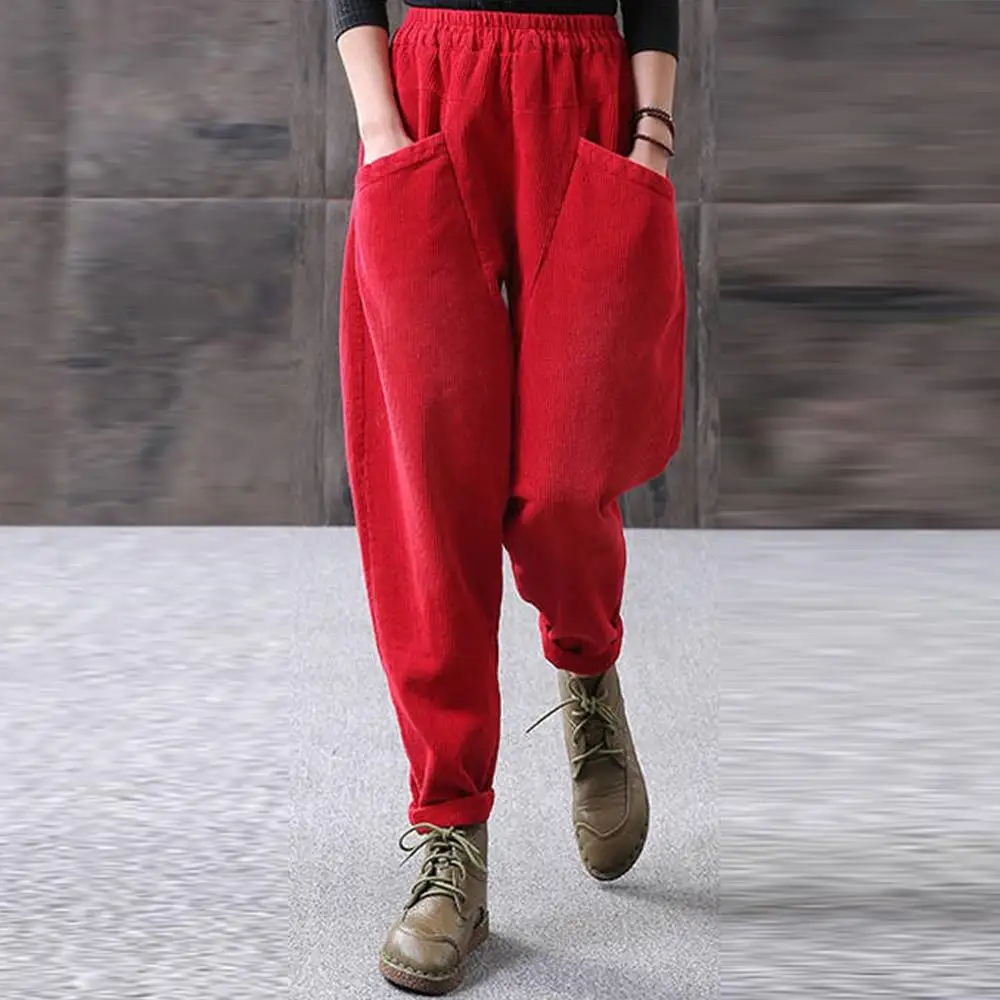Хлопковые вельветовые штаны-шаровары на осень и зиму с эластичной высокой талией женские брюки размера плюс S-4XL брюки длиной до щиколотки - Цвет: Красный