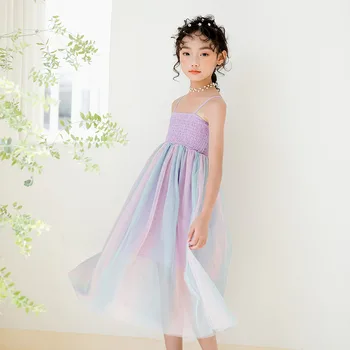 

New 2020 Colorful Mesh Patchwork Dresses Teenage Girls Clothing 6 8 10 Years Kids Sleeveless Summer Dress Toddler Girl Clothes