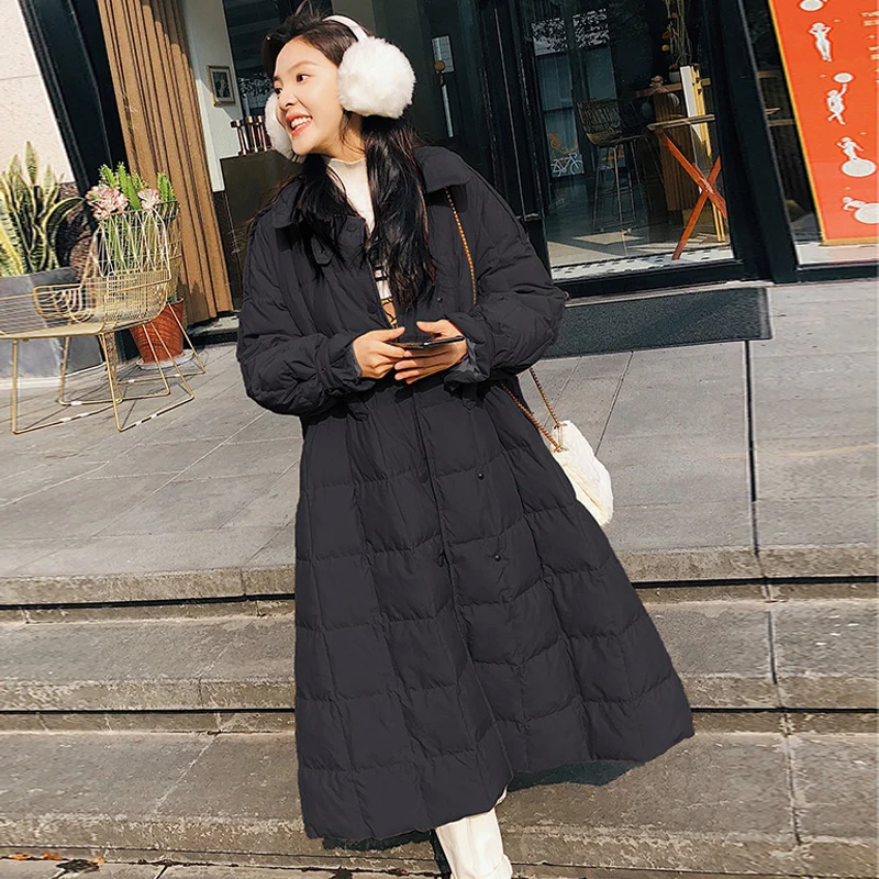 

2020 Down Parka Casual Winter Women Coats Outwear Female Loose Long Down White Duck Down Jacket Belt Loose Stand Doudoune Femme