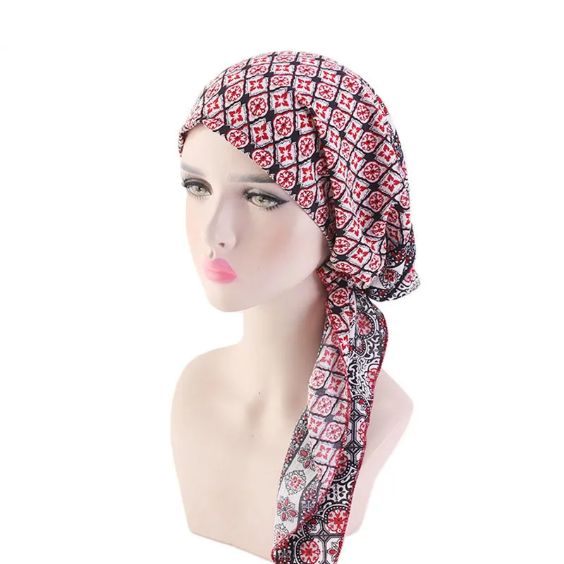 Модная мусульманская хиджабы для женщин однотонная хлопковая плиссированная шапка с длинным хвостом цветочный принт тюрбан для леди Очаровательная турбано шапочка для химиотерапии