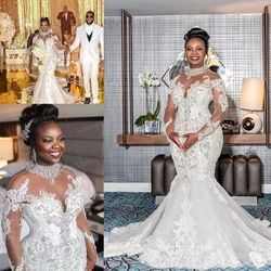 Plus Size Mermaid Wedding Dresses Custom Made 2021 Sparkly Crystal Lace Aftican Nigerian Long Sleeve Wedding Gown