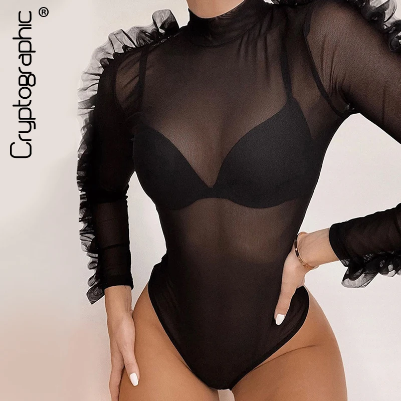 

Sexy New Black Mesh Sheer Mock Neck Bodysuit Women Spring 2020 Fashion Long Sleeve Party Night Club Bodysuits Fringe Solid