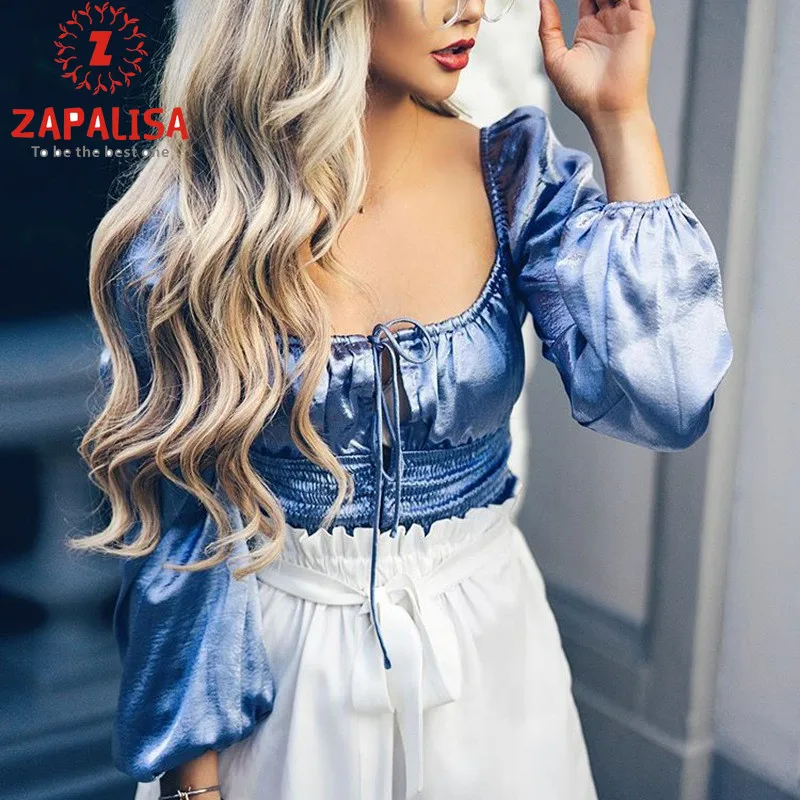 Zapalisa Весенняя атласная классическая синяя блузка с квадратным вырезом и