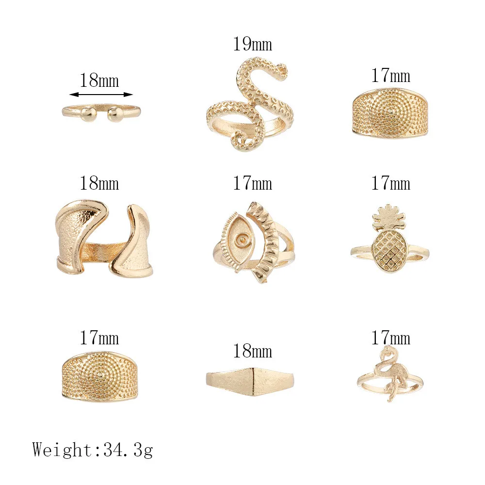 MLING 9 шт./компл. Винтажное кольцо из сплава золота набор богемный глаз Фламинго Осьминог ананас геометрическое кольцо для женщин