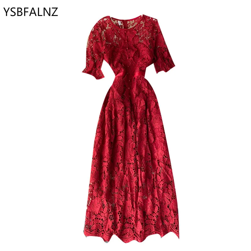 

Spring Summer Maxi Dress Women O-neck Single-breasted Vintage Short Sleeve Slim A-line Party Dresses High-grade Lace Hollow Robe