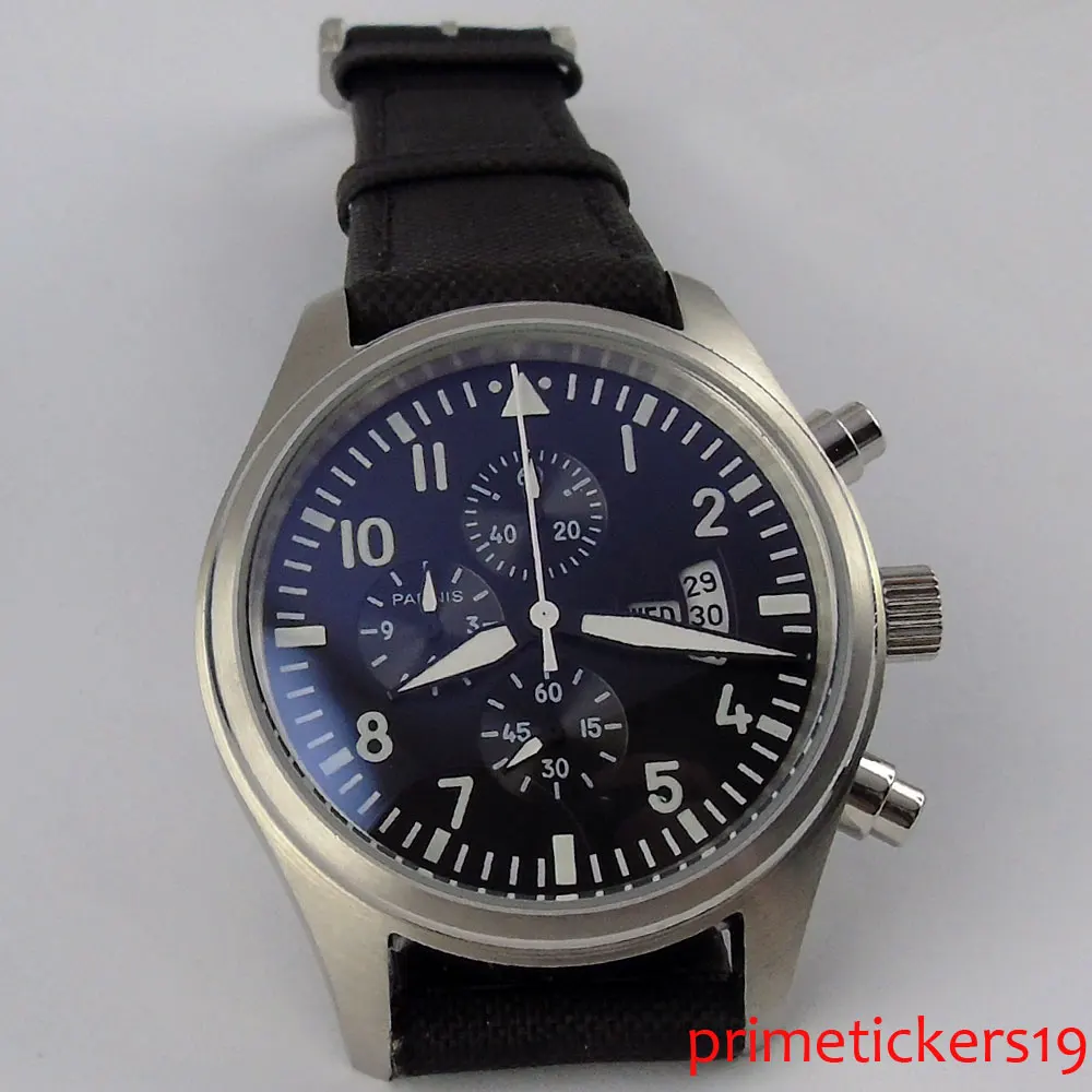 

42mm black dial silver case quartz men's watch chronnograph date indicator