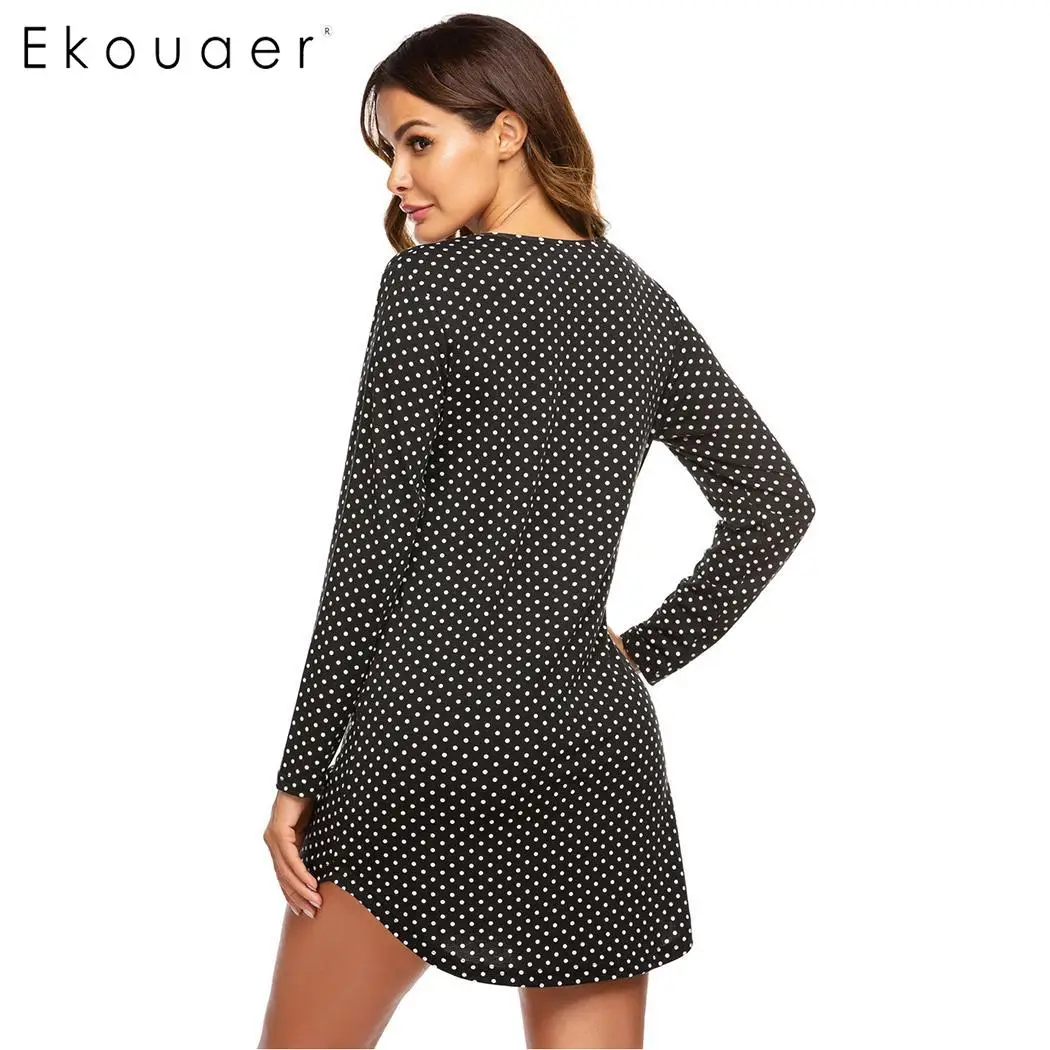 Ekouaer, женская мягкая ночная рубашка, одежда для сна, круглый вырез, длинный рукав, узор в горошек, кружевная отделка, ночная рубашка Pregant, ночная одежда, домашняя одежда
