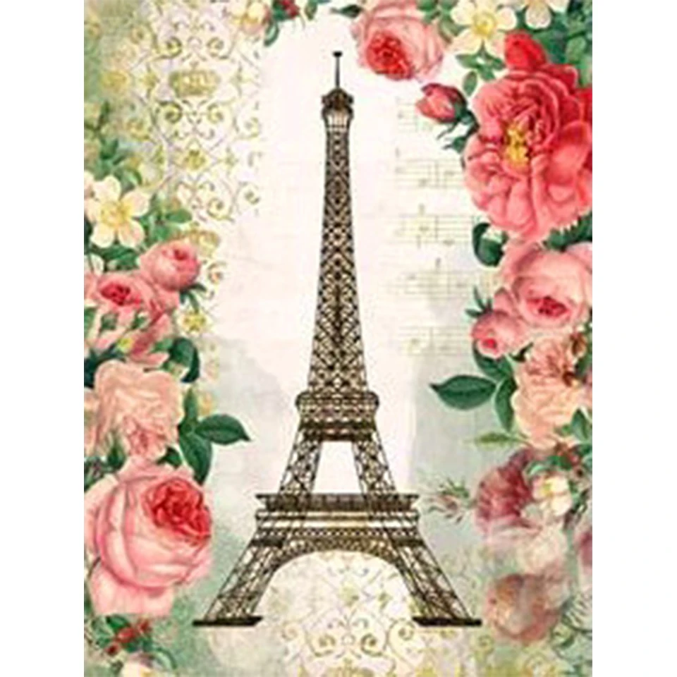 5d Diamond Painted Pink Bicycle And Eiffel Tower Floral Landscape