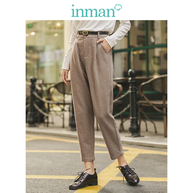 INMAN 2019 осень-зима, классический минимализм, свободный хлопок, лен, средняя талия, женские длинные узкие брюки