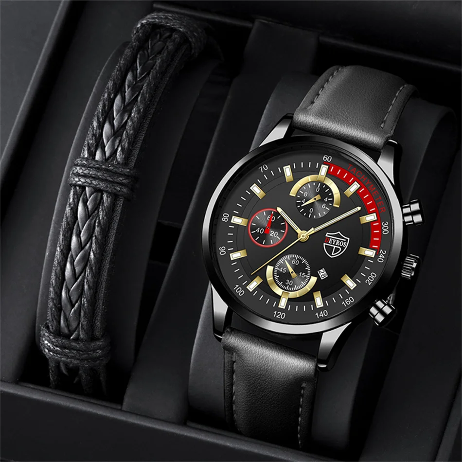 Luxury Mens Leather Watches Stainless Steel Fashion Calendar Quartz Wrist Watch Leather Bracelet Male Business Luminous Clock