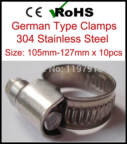 

105mm-127mm x 10pcs German Style 304 Stainless Steel Hose Clamp SS 2015 New Arrival Fastener Pipe Clip 9mm Band Width Tube Clips