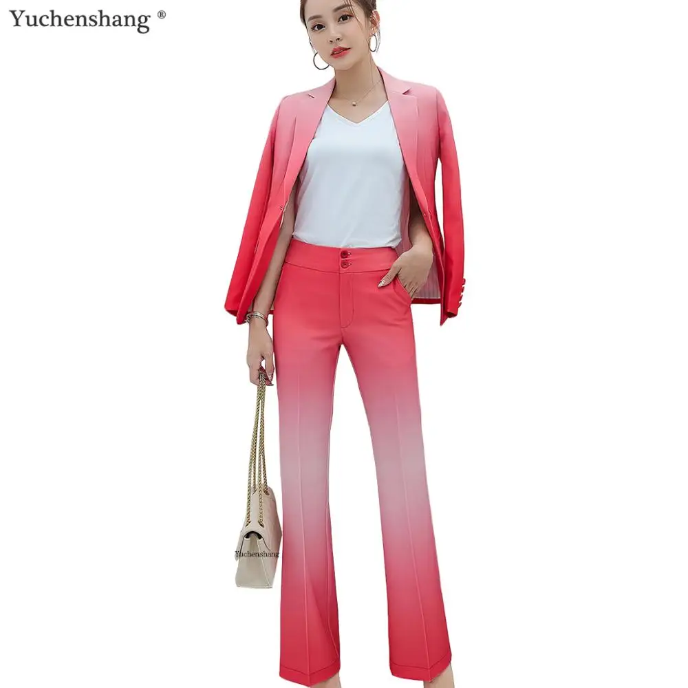 

Fashion 2019 Winter Autumn Fall Women Gradient Color Pant suit Red Blue Blazers Jackets And Pant 2 Pieces Sets