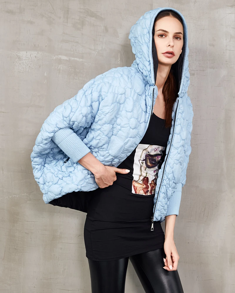 Winter Fashion Loose Style Short Design Batwing Sleeve Cloak Down Coat Hooded Winter Outwear