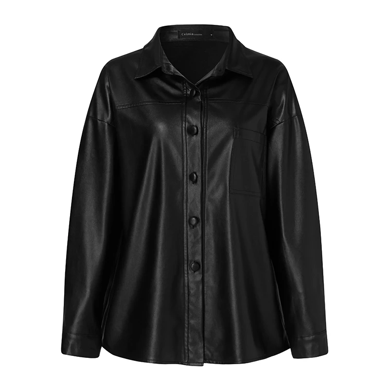 Women's Jacket 2021 Celmia PU Leather Jackets Vintage Party Long Sleeve Coats Autumn Buttons Lapel Casual Solid Work Outerwear