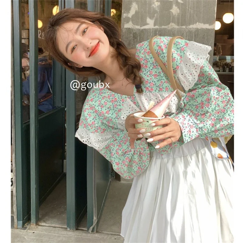 Loose Floral Lotus Leaf Collar Puff Sleeve Thin Shirt for Women 2021 New Early Autumn V-neck Design Sense Top | Женская одежда