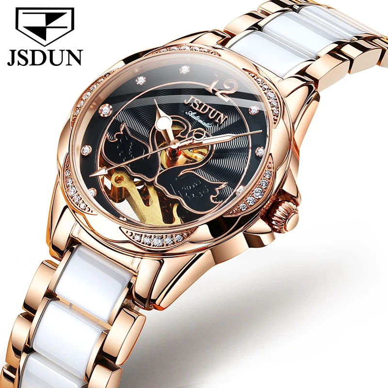 

JSDUN 2019 Explosion-proof Ceramic Strap Ladies Waterproof Mechanical Watch Hollow Fashion Ladie Automatic Watches