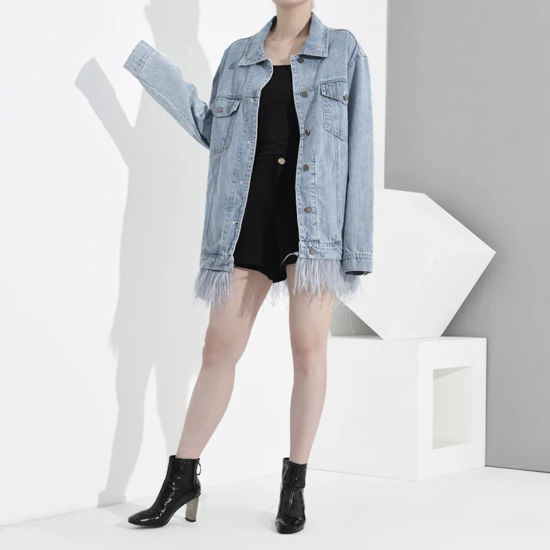 LANMREM свободного кроя синий перо большой Размеры джинсовая куртка нагрудные с длинным рукавом Для женщин пальто Модные осень-зима JZ5130