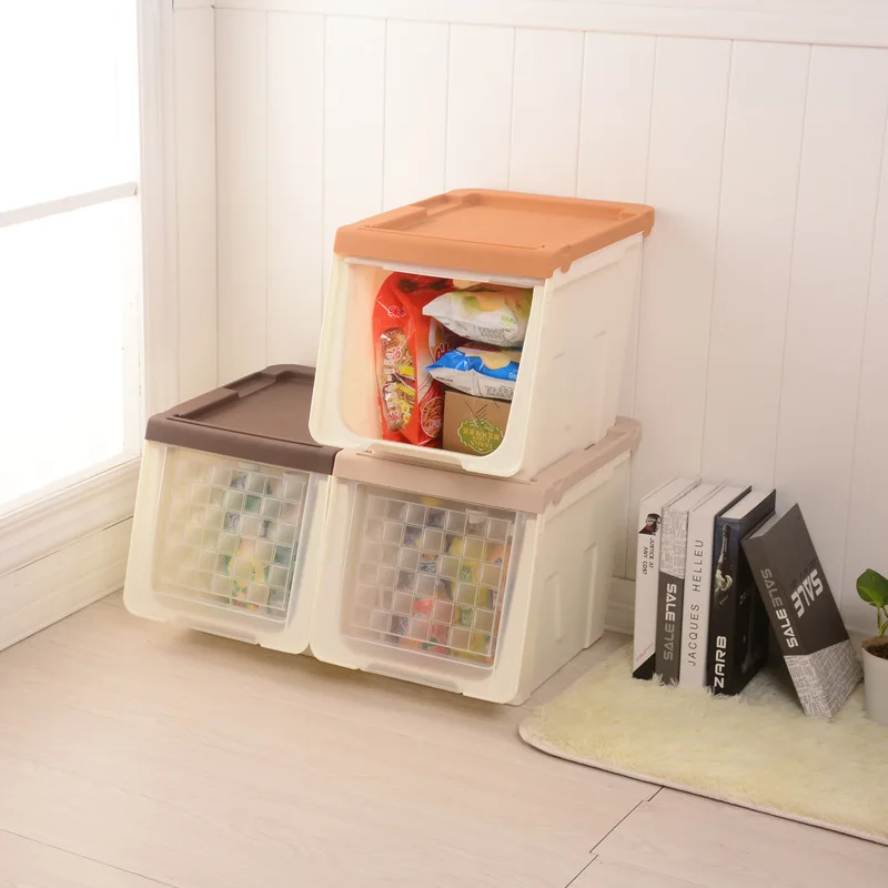 

[Han jin New Goods] Plastic Storage Box Transparent Open Front Push-pull Cover Box Cartoon Toy Storage Box