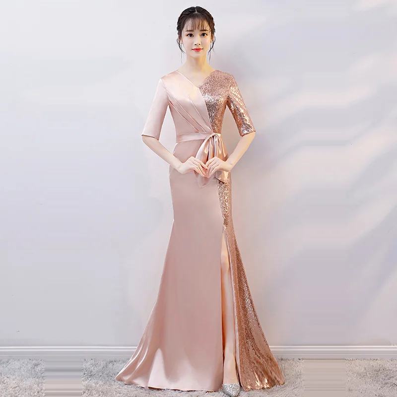 Вечернее платье с v-образным вырезом и коротким рукавом, женские вечерние платья,, длина до пола, элегантное платье, плиссированные вечерние платья F213