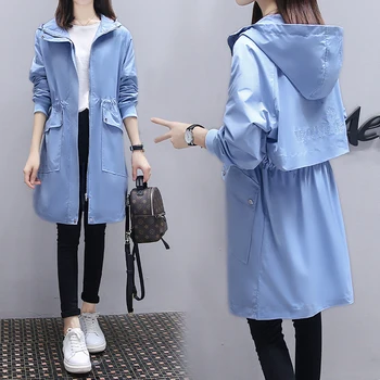 

Fashion Windbreaker Women Plus Size Meidum Long Trench Coats Ladies Casual Overcoat Slim Hooded Spring Autumn Outerwear
