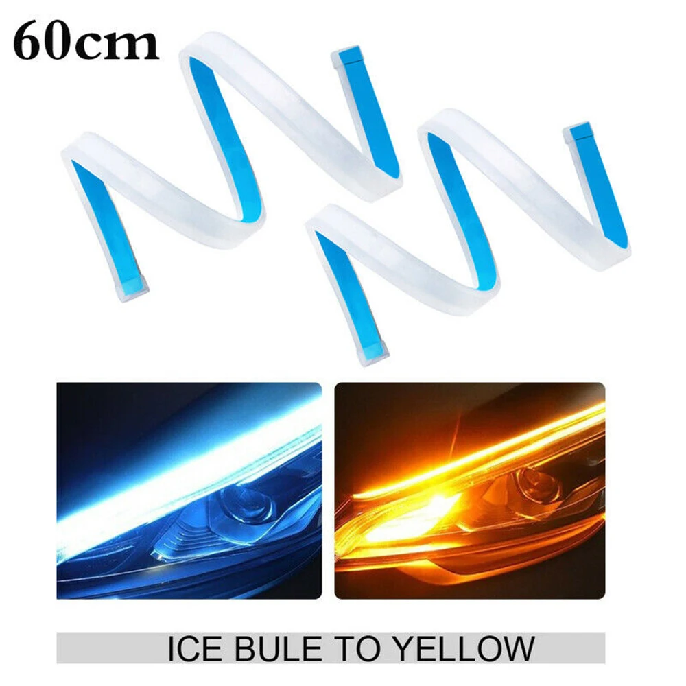 ice blue amber 2x60 см универсальная разноцветная тонкая Янтарная струящаяся Поворотная лампа световая лента для автомобиля для автомобильных фар гибкие светодиодные дневные ходовые огни лампа - Цвет: ice blue amber