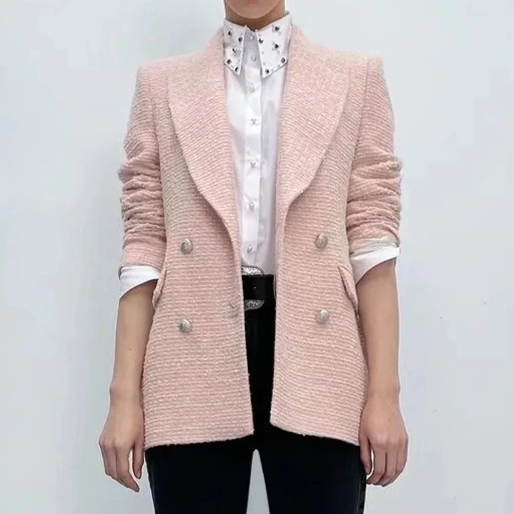 

2021 Spring Autumn Women Fashion White Pink Tweed Blazers And Jackets Chic Button Office Suit Coat Ladies Elegant Outwear