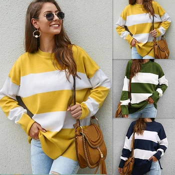 

Fashion Contrast Striped Women's Sweater 2020 New Long Sleeve Loose Pullovers Casual Ladies Knitted Sweaters Clothing for Women
