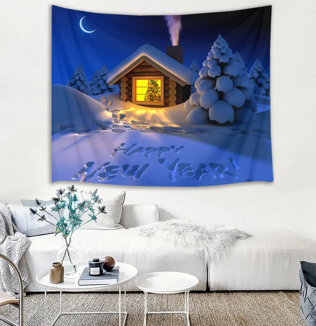 

Winter Snow Happy New Year Hut Xmas Tree Tapestry Wall Hanging Living Room Dorm