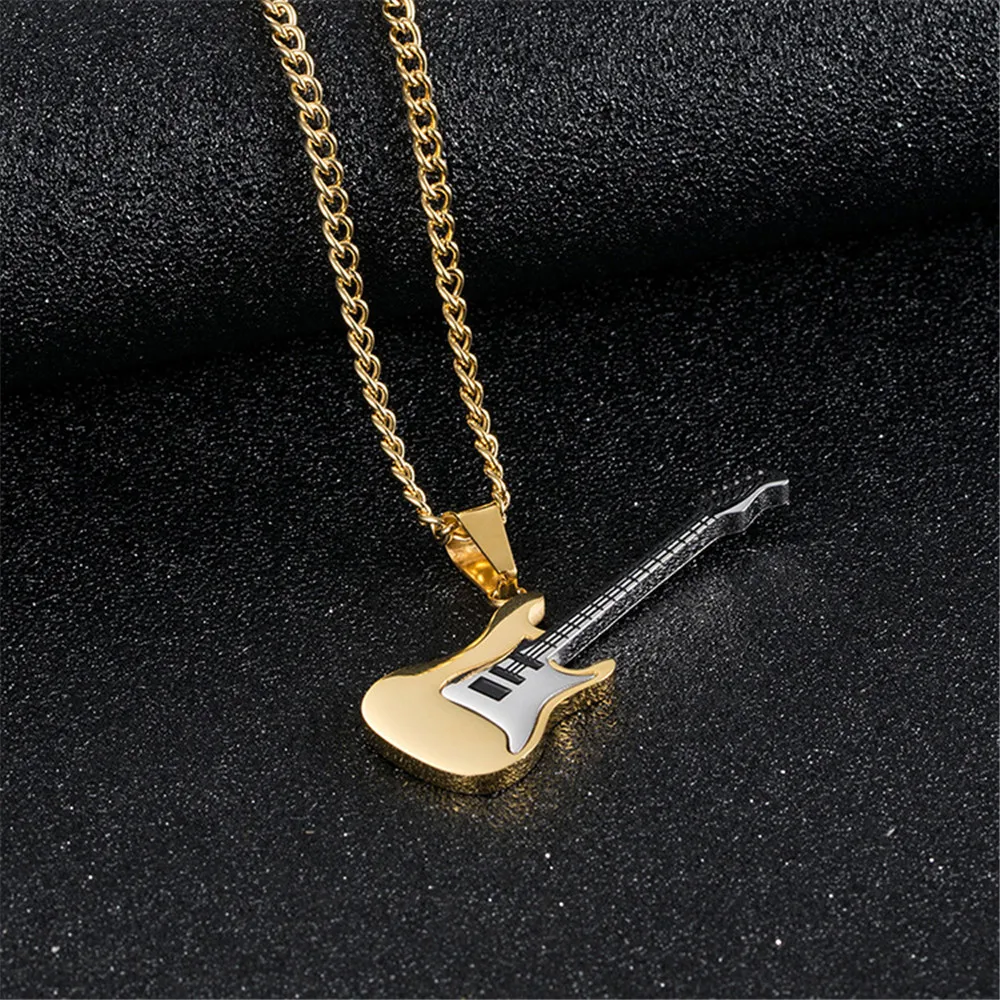Золотое колье с кулоном гитара из нержавеющей стали для женщин музыкальная серия Модные мужские ювелирные изделия Серебряное музыкальное ожерелье аксессуары