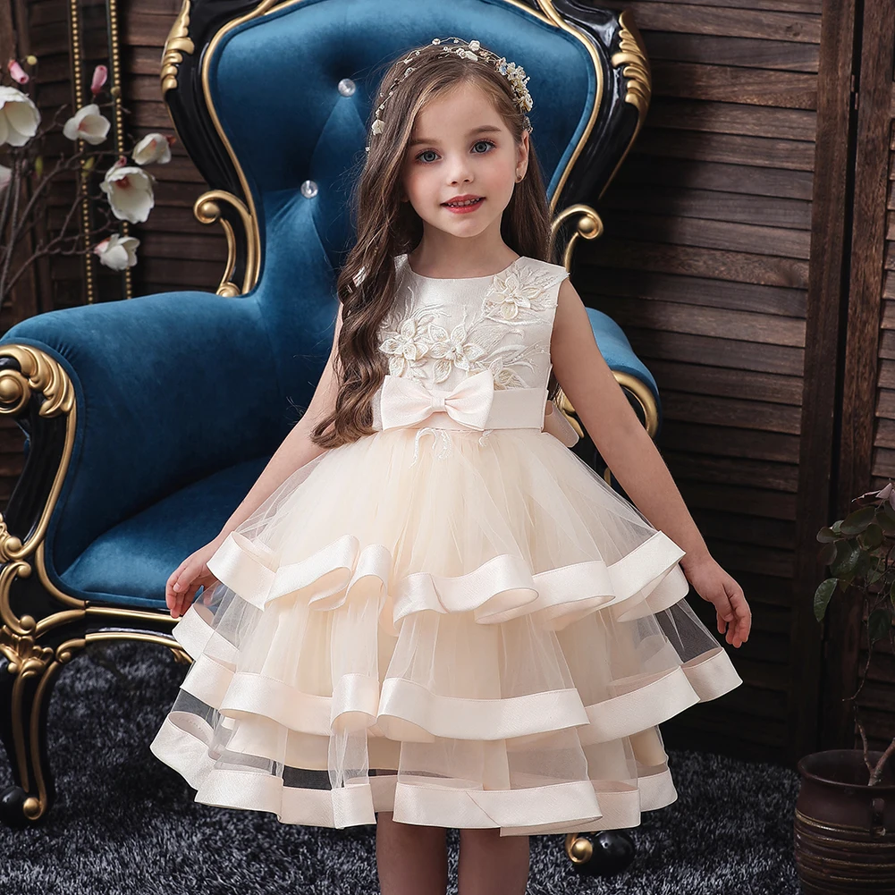 European Style Girls Champagne Evening Dress Kids Mesh Dress