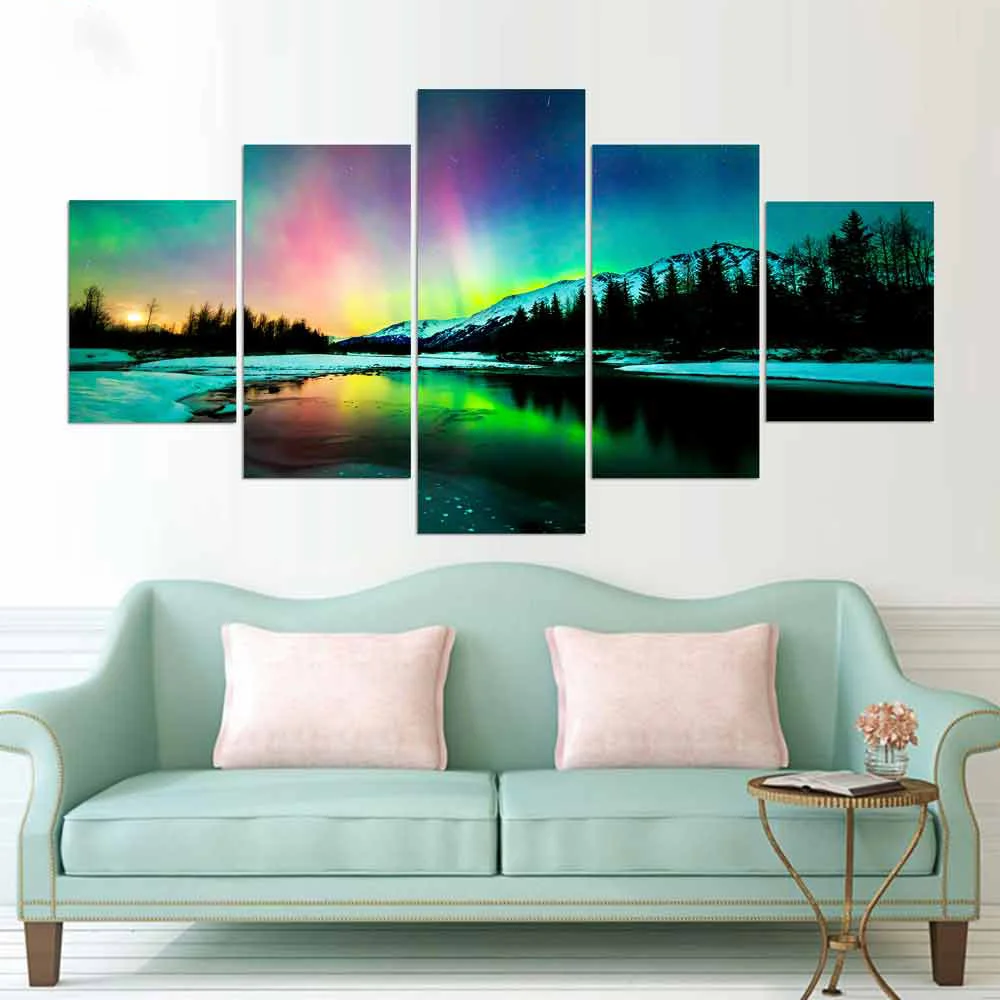 Stampa Hd Wall Art Canvas Painting Modular Poster 5 Panel Colorful Aurora Borealis Frame Modern Home Decor Living Room Pictures