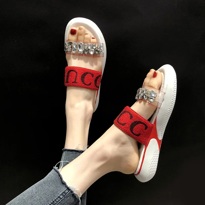 

Fashion Ins Port Wind Sandals Rhinestone Letters Word Thick Platform Casual Shoes Beach Shopping Wear Slippers NSE7071
